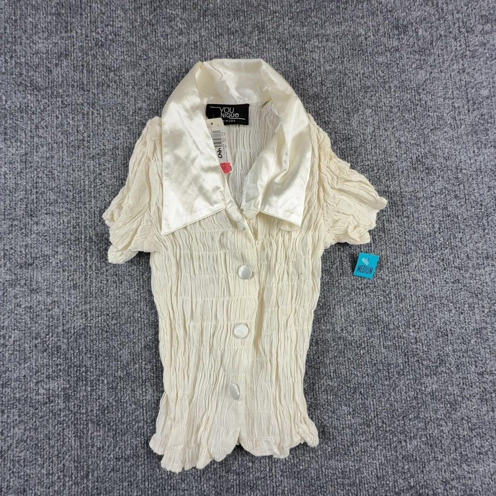 Younique Blouse Womens Medium White Button Front Satin Collar Short Sleeve Top